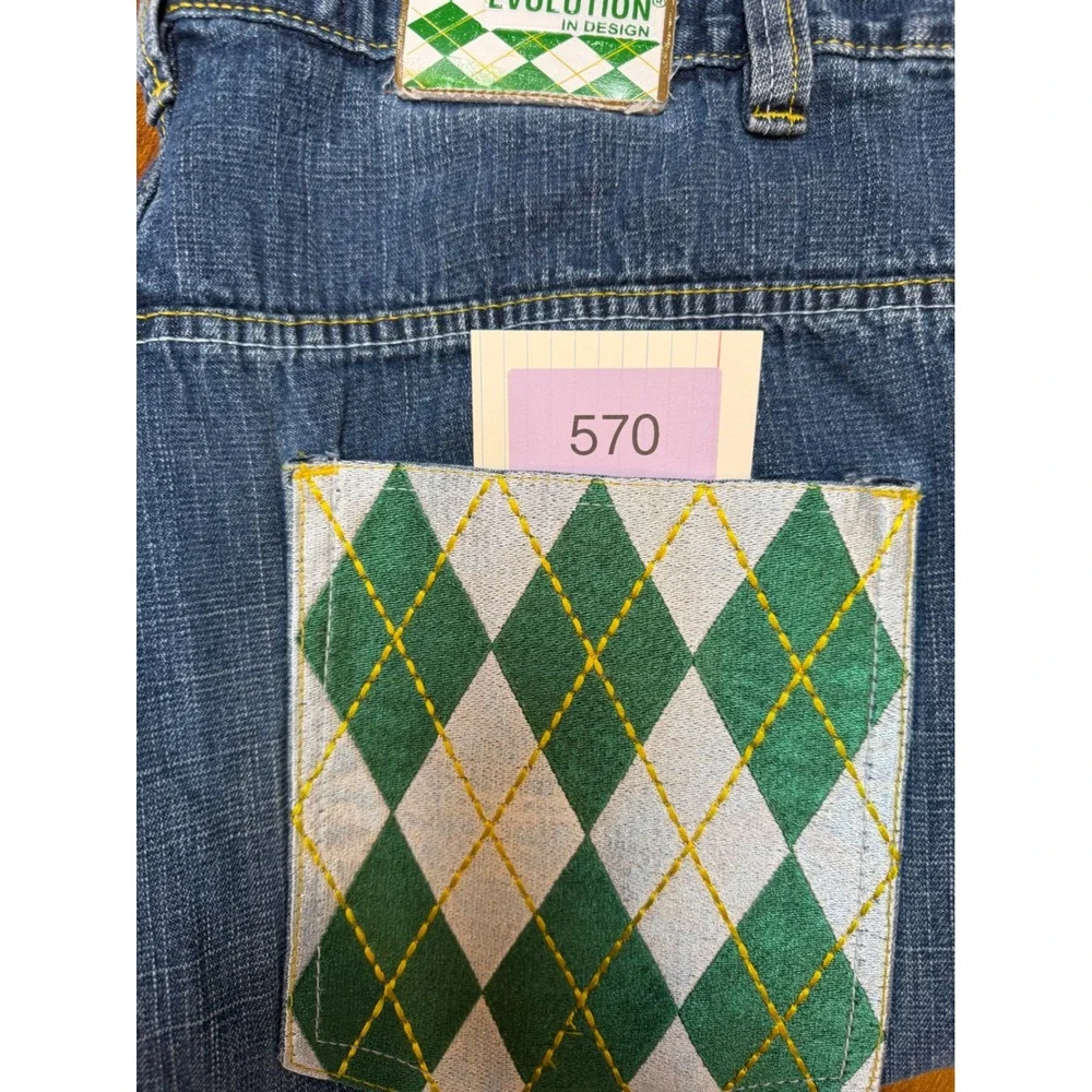 Evolution Design Men Baggy Argyle Pocket Jeans Blue Denim 38x32 Y2K Streetwear